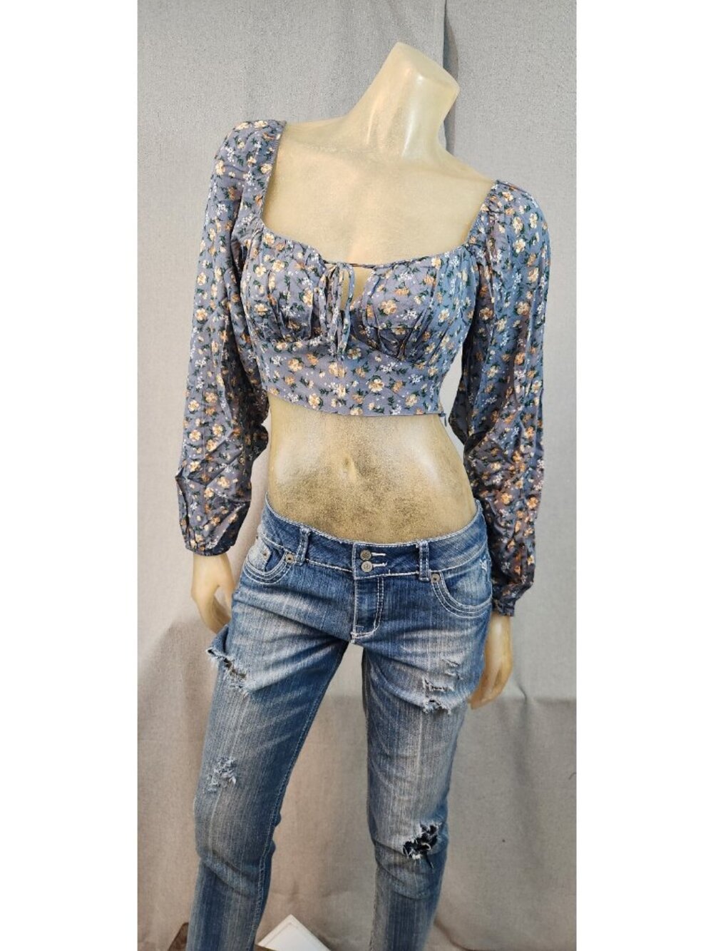 Altar'D State Blue Floral Long Slv Cropped Top Shirt Blouse XS XSMALL Womens NEW - Picture 1 of 8